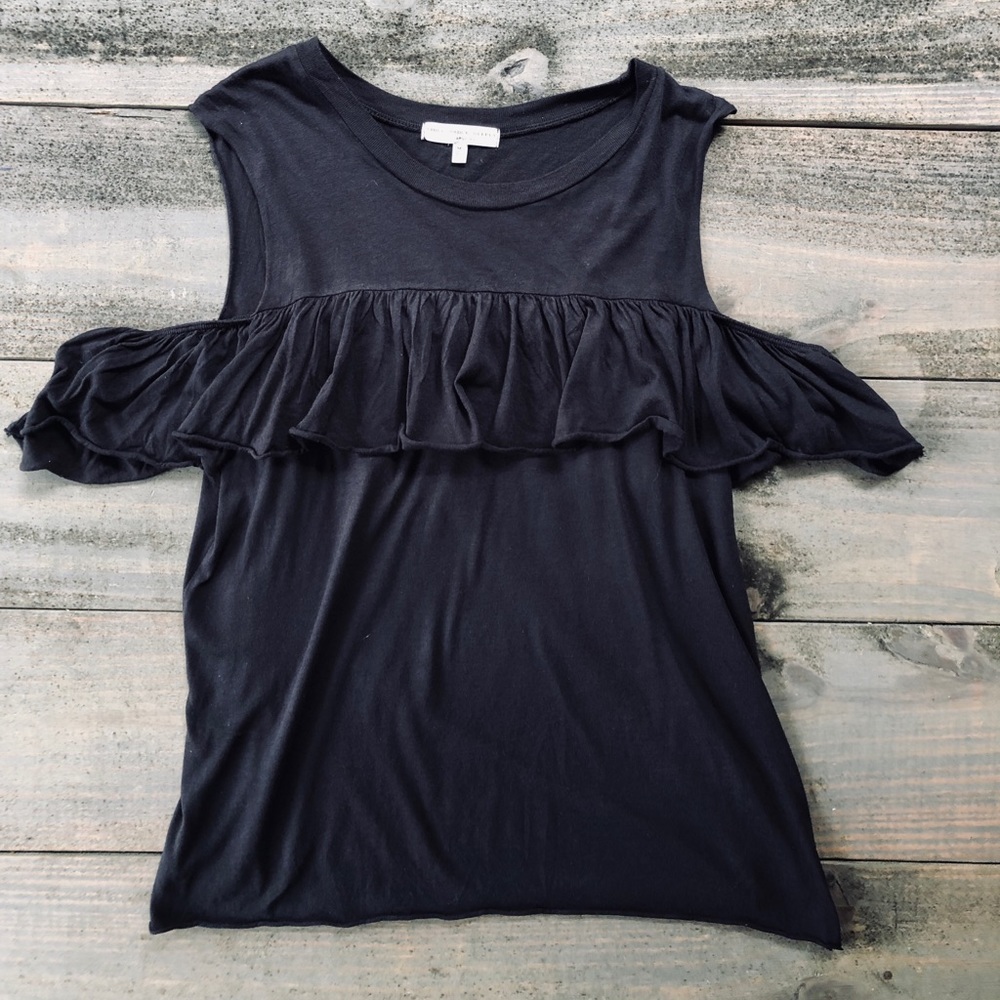 OU Black Ruffle Cold Shoulder Top - Picture 2 of 5